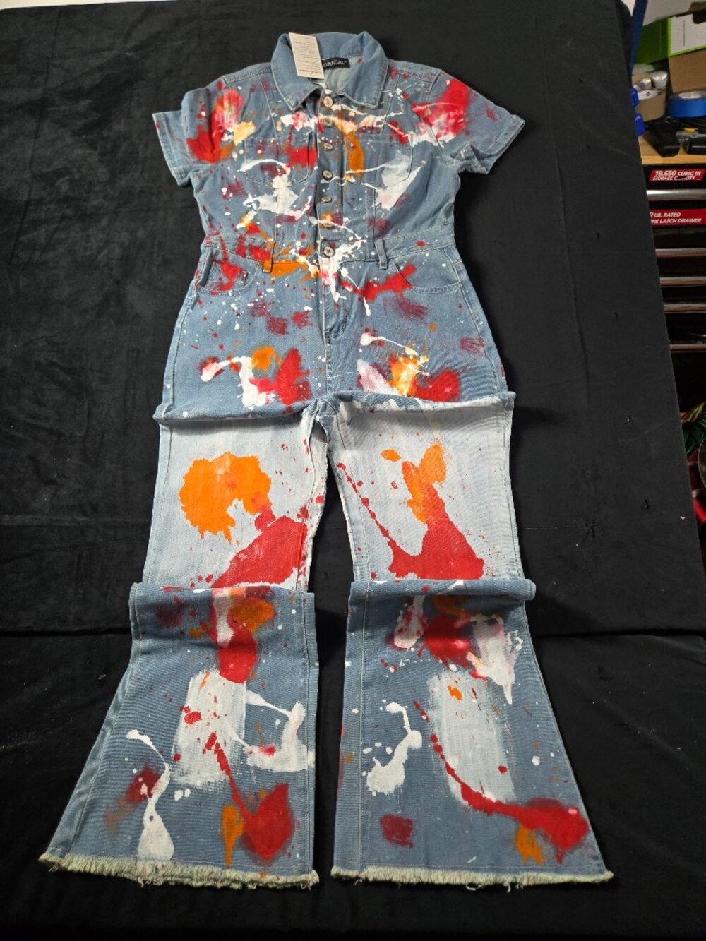 NWT Loragal Women's Large Paint Splatter Denim Jumpsuit Flare Leg